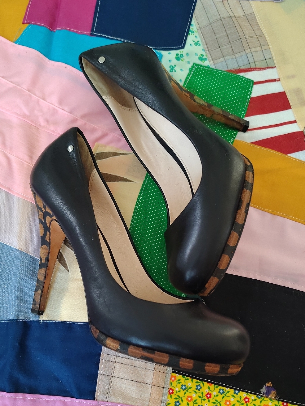 Coach Y2K Alexa Black Leather Platform Pumps with Signature Brown Pattern Heel